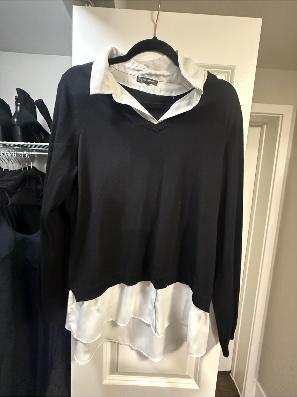 Adrianna Papell Black V-Neck Pullover with White Layered Shirt Detail